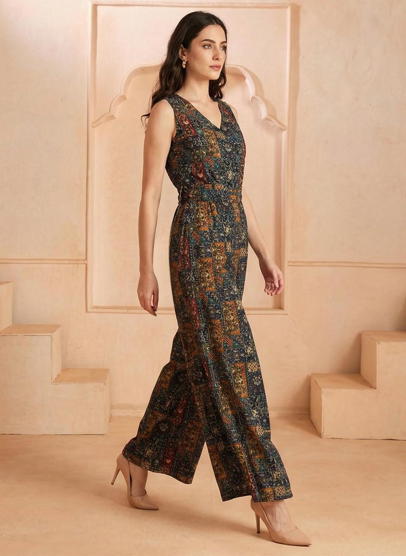 جلو باص جمبسوت نسائي بنقوش عرقية بياقة على شكل  بدون أكمام ورباط خصر بأسلوب فيوجن واسع - Image 3